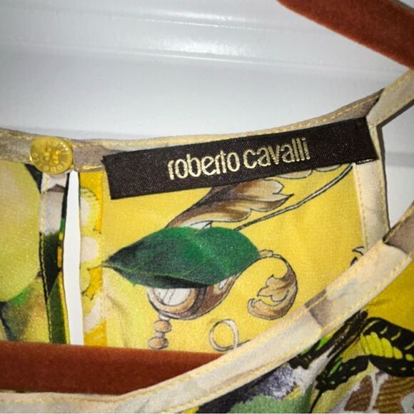Roberto Cavalli Yellow Printed Silk Lace Detail Halter Floral Mix Print Top - Picture 6 of 15